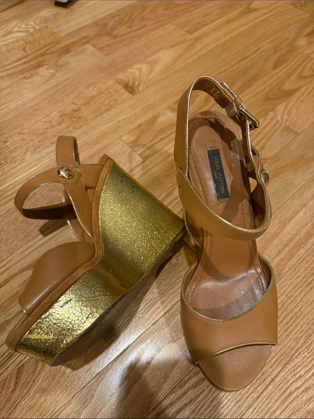 Louis Vuitton Tan Leather Platform Ankle-Strap Sandals